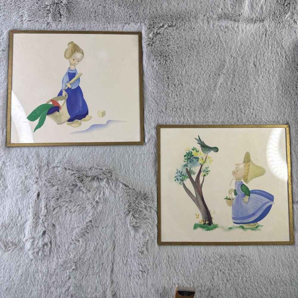 Vintage Josette Boland Framed‎ Prints Dutch Children Chores Bird in Tree MCM